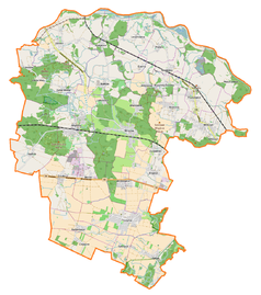 Mapa konturowa gminy Miękinia, u góry nieco na prawo znajduje się ikonka pałacu z opisem „Pałac w Prężycach”