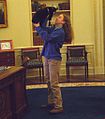 Chelsea Clinton plays with Socks in the Oval Office in 1994