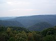 Forested green mountains viewed from a mountaintop.