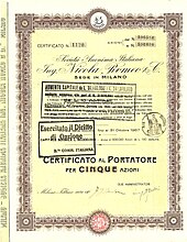 Aktienzertifikat der S.A. Italiana Ing. Nicola Romeo & C. über 5 Aktien à 100 Lire, ausgegeben in Mailand am 7. Februar 1929. Das 1911 von Nicola Romeo errichtetes Unternehmen wurde nach Übernahme des Automobilherstellers A.L.F.A. 1918 in eine Aktiengesellschaft umgewandelt.