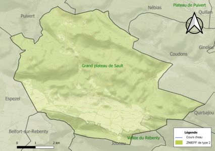 Carte des ZNIEFF de type 2 sur la commune.