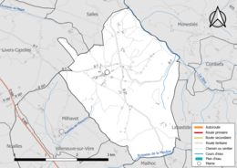 Carte en couleur présentant le réseau hydrographique de la commune