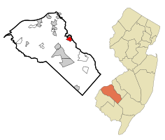 Map of Turnersville highlighted within Gloucester County. Right: Location of Gloucester County in New Jersey.