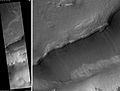 Maunder Crater. The overhang is part of the degraded south (toward bottom) wall of crater. The scale bar is 500 meters long.