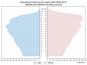 Japán népességpiramisa 2065-ben (közepes születési, közepes halálozási forgatókönyv szerinti eset)[18]