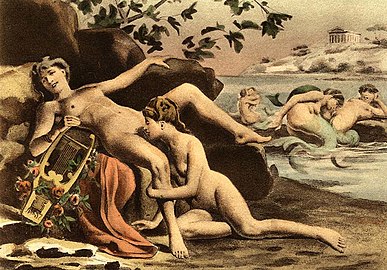 Cunnilingus lesbien avec position intermédiaire entre missionnaire et position assise (illustration de Paul Avril) — Sappho entourée de sirènes.