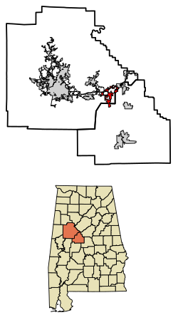 Location of Vance in Bibb County and Tuscaloosa County, Alabama.