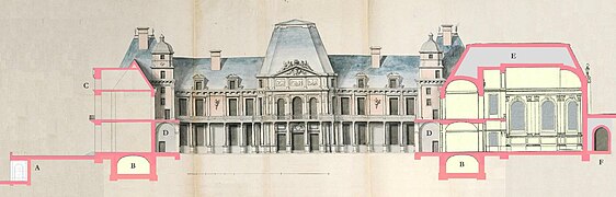 Coupe du Château-Vieux de Meudon, avec la chapelle, état après 1702. Axe Est-Ouest, 2013.