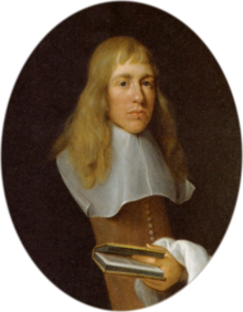 A man with long fair hair in 17th century dress