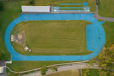 Start (green) and end (red) points of a 100 metre race, marked on a running track