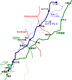 筑波快線與周邊鐵路、巴士路線的线路图