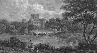 Eglinton Castle & Bridge. This again shows the original three arched bridge, lake, etc. Circa 1843.[30]