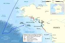 Carte représentant l'impact de la marée noire de l'Erika sur les côtes atlantiques françaises.