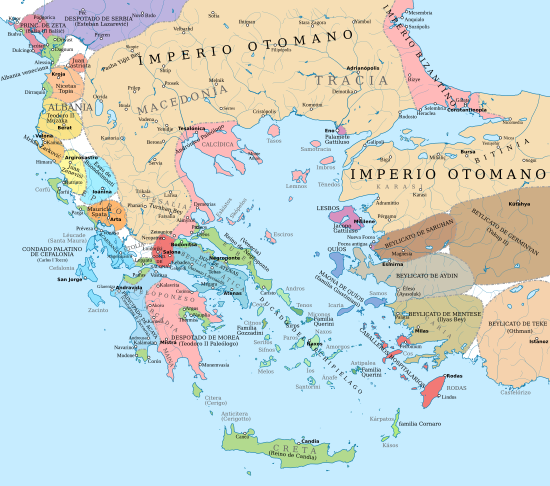 Map of western Anatolia, the Aegean, and the southern Balkans, with states marked by different colours, and the main cities of the period and rivers