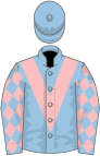 Light blue, pink chevron, diamonds on sleeves