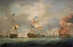 ספינת הדגל 'ונראבל' הבריטית בקרב עם ספינת הדגל ההולנדית 'ורייהייד'