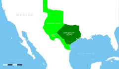 Republiken Texas (mörkgrönt) och dess territoriella anspråk (ljusgrönt).