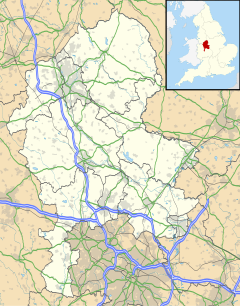 A map of the county of Staffordshire, with a red dot showing the position of Burton upon Trent