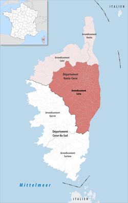 Corte arrondissementinin Korsika'daki konumu