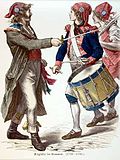 Militante franske revolusjonære 1793-1794 iført røde «frihetsluer» med kokarder i fargene fra trikoloren som revolusjonssymbol. «Sanskulotten» til venstre har langbukser som i en vid utgave var vanlig blant fattige og arbeidere, mens den andre har vanlige knebukser.