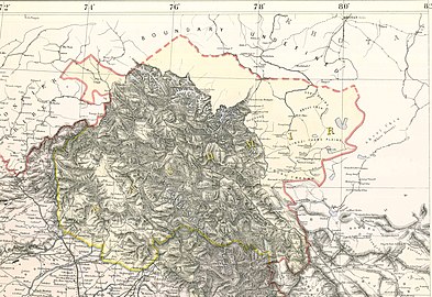 克什米爾邊界在1888年印度勘探局（英語：Survay of India）繪製的印度地圖中，虛線所示的未定義邊界，從馬魯畢庭峰、葉爾羌河、Mazar（麻扎村）、Aktagh（阿克塔）到Karakunlun Shan （喀拉崑崙山）35°16′59″N 80°15′43″E﻿ / ﻿35.28312°N 80.261863°E﻿ / 35.28312; 80.261863。Demchok（典角村）在圖下方，位於傳統習慣線中方一側。