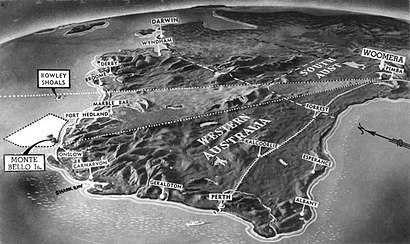 Relief map of Australia, focussing on Western Australia and the Monte Bello Islands