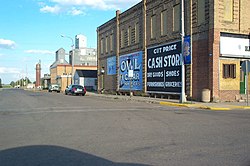 Downtown Park River with grain elevators in the background