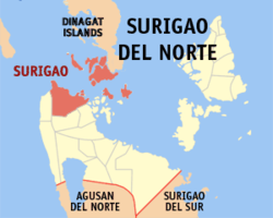 Mapa ng Surigao del Norte na ipinapakita ang Lungsod ng Surigao