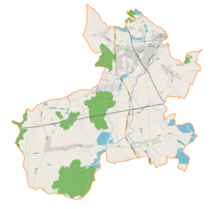 Mapa konturowa gminy Strumień, blisko centrum po prawej na dole znajduje się punkt z opisem „Pa��ac w Drogomyślu”