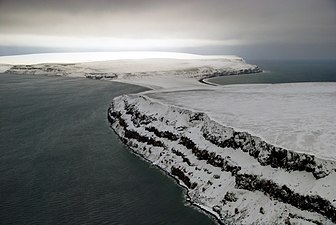 The eastern end of Bennett Island with its glaciated tombolo in the background