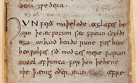 La première mention d'Unferth dans le Beowulf (BL Cotton MS Vitellius A XV, f. 143r) : « Hunferð maþelode, Ecglafes bearn… »