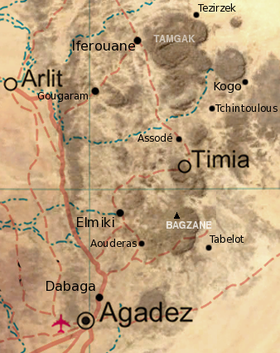 Carte de l'Aïr avec localisation des monts Bagzane au sud-est.