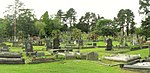 a cemetery with trees in the distance