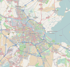 Mapa konturowa Amsterdamu, w centrum znajduje się punkt z opisem „Muzeum van Gogha”