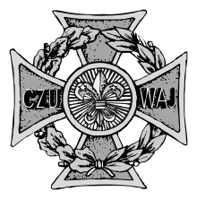 A Maltese cross with a wreath, the left half of oak and the right half of laurel leaves.; a circle at the center with rays like the sun and the Scouting fleur-de-lis; the arms bear C Z U and W A J— czuwaj is Polish for watch, the Polish Scout motto.