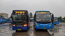 Two Trans Metro Pasundan bus fleets, each operated by Big Bird (left) and Perum DAMRI (right)