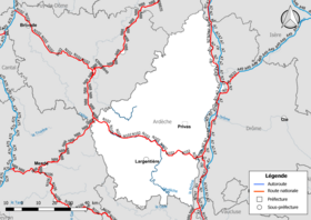 Carte du réseau routier national (autoroutes et routes nationales) dans le département de l'Ardèche