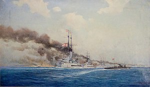 A painting depicting multiple battleships in a row shelling a coastline. Smoke can be seen coming out of both the land and the guns of each ship.