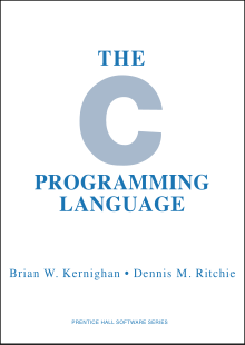 Book cover for "The C Programming Language", first edition, featuring text in light blue serif capital letters on white background and very large light blue sans-serif letter C.