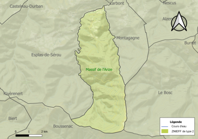 Carte de la ZNIEFF de type 2 sur la commune.