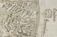 Detalle do occidente europeo no mapa do Salustio de Xenebra onde se aprecia o nome de Galacia ocupando todo o noroeste ibérico. Ano 1420.