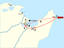 a map of what is now north-east Tunisia, showing the advance, main military clashes and retreat of the invading Roman army in 256-255 BC