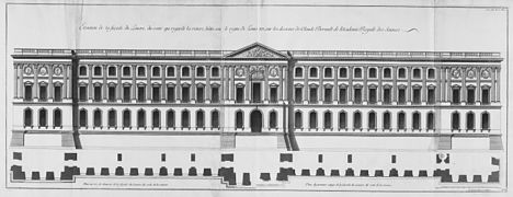 Élévation de la façade du Louvre, du côté qui regarde la rivière, bâtie sous le règne de Louis XIV, sur les dessins de Claude Perrault (après le doublement de la façade sud).