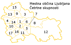 Map of districts in Ljubljana. The Trnovo district is number 16.