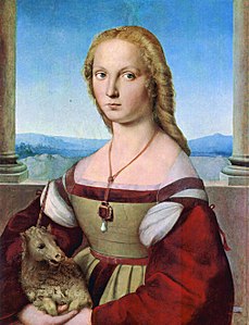 拉斐爾《抱着独角兽的年轻女子（英语：Young_Woman_with_Unicorn）》，1506年。