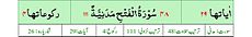 Qurʼon nusxalaridan biridagi Fath surasi sarlavhasi. Yuqorida oʻngdan: 1. Oyati 29, 2. Markazda qizil rangda sura tartib raqami 48, qora rangda - Fath surasi va Madaniy, qizil rangda nozil boʻlgan tartibi - 111, 3. Rukuʼsi soni - 4; Pastda oʻngdan: 1. Sura:Madaniy, 2. Tilovat tartibi:48, 3. Nozil boʻlish tartibi:111, 4. Rukuʼsi:4, 5. Oyati:29, 6. Porasi (Juzi):26 deb koʻrsatilgan.