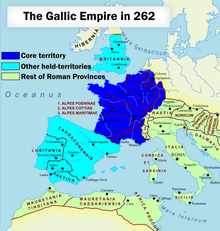 The Gallic Empire under Postumus by 262 (in blue), with the رومی سلطنت.