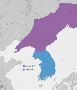 蓝色為统一新罗，紫色為渤海國