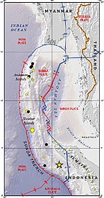 Az Andamán-tenger a tektonikai lemezek vonalaival