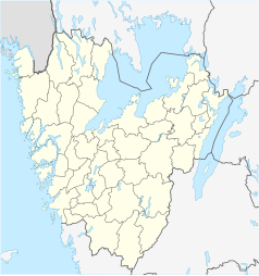 Mapa konturowa Västra Götalandu, blisko lewej krawiędzi nieco u góry znajduje się punkt z opisem „Hamburgsund”